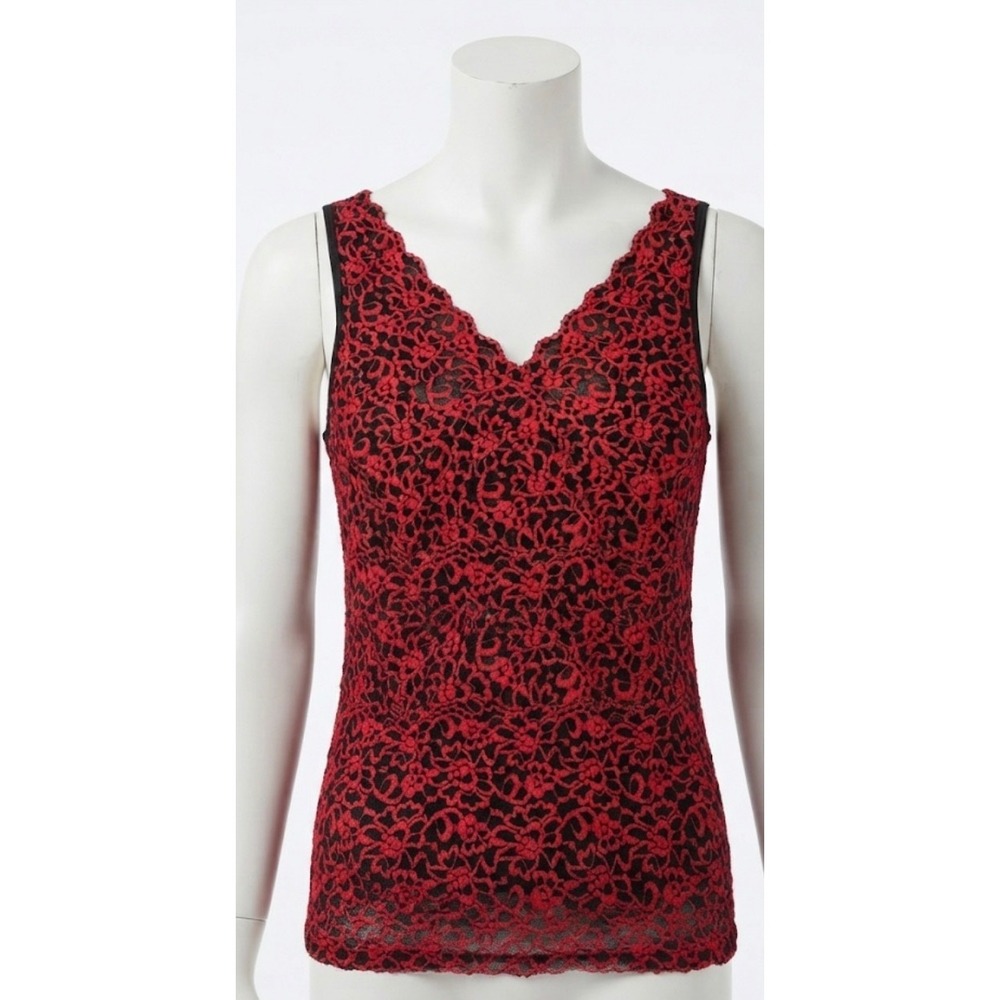 Vintage Gothic Red Black Lace Sleeveless V-Neck Tank Top Extra Large